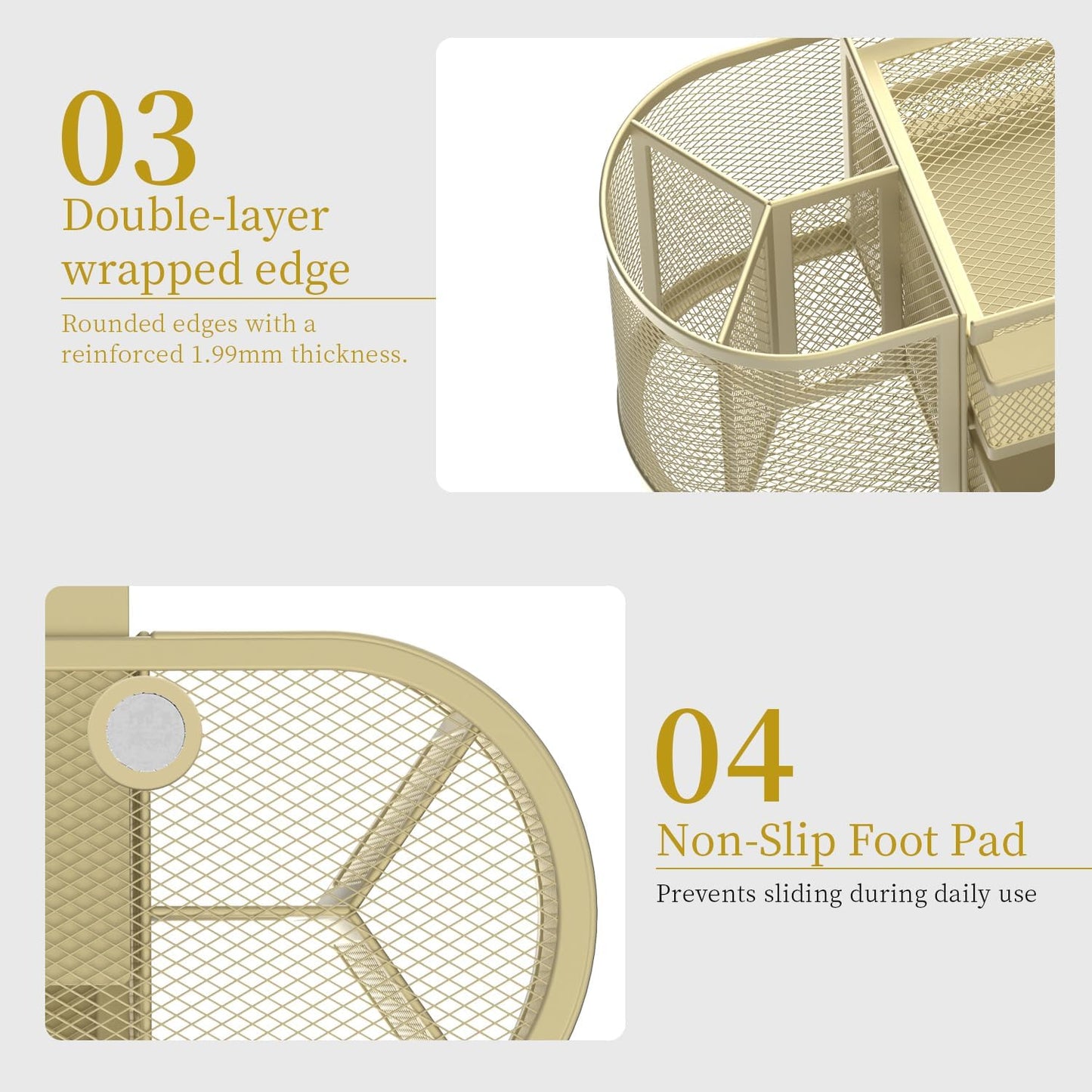 SUPEASY Mesh Desk Organizer, Desk Organizers and Accessories, Pen Holder with Drawers, Pencil Holder for Desk with 2 Drawer for Office Supplies, Golden yellow