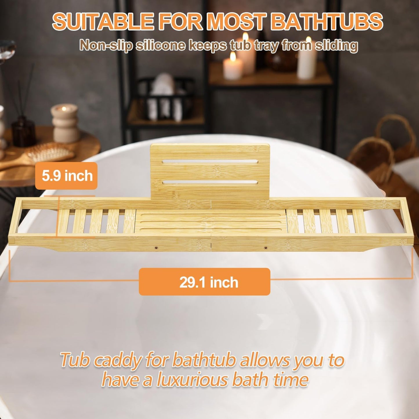 Bathtub Tray Caddy - Bath Tray - Bath Tub Table Tray - Bamboo Bath Tray for Bathtub