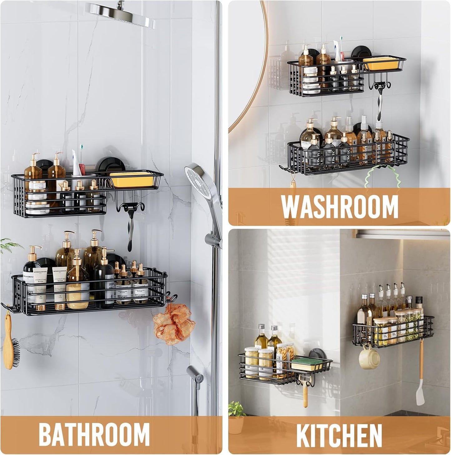 LEVERLOC Shower Caddy Suction Cup, 2 Pack suction shower shelf with Hooks & Soap holder, NO-Drilling Bathroom Holder, Rustproof bathroom organizer, Black