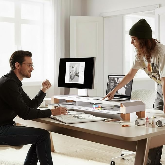 Fenge Monitor Stand for Desk, 39 Inch Dual Monitor Riser for 2 Monitors, Solid Wood Desk Shelf with Cable Management, 2 Tier Computer Stand with Phone Stand for PC, Laptop, Printer, TV