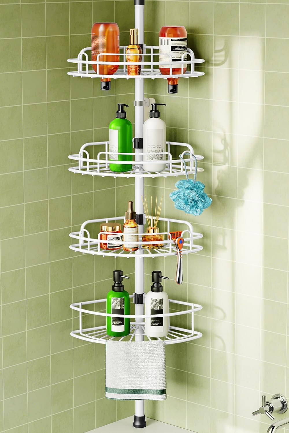 HAMITOR Corner Shower Caddy Tension Pole: Rustproof Bathroom Organizer Shelves for Bathtub Shampoo Accessories Storage Holder - 47-121 Inch Adjust - White
