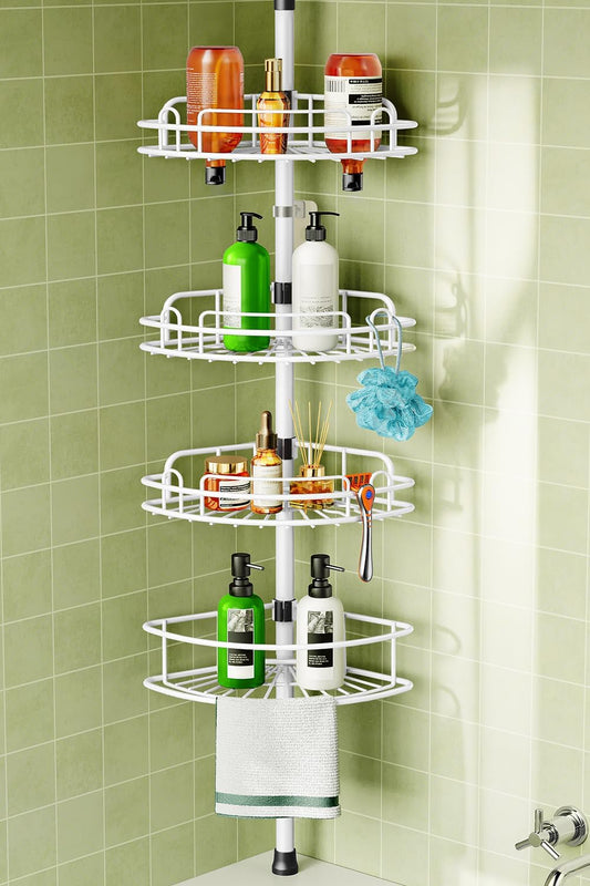 HAMITOR Corner Shower Caddy Tension Pole: Rustproof Bathroom Organizer Shelves for Bathtub Shampoo Accessories Storage Holder - 47-121 Inch Adjust - White
