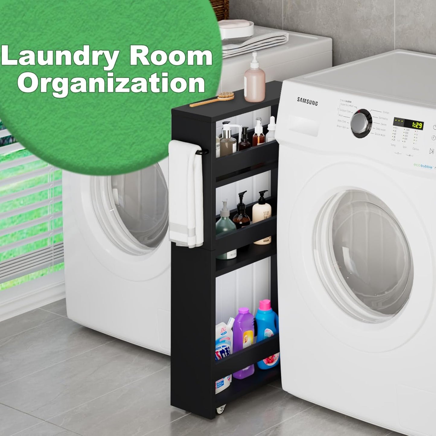 MARTY Slim Rolling Storage Cart 4-Tier Kitchen Cart with Wheels, Laundry Room Storage with Handle Slide Out Utility Cart Shelving Unit Organizer Trolley for Narrow Places Bathroom Small Corner, Black