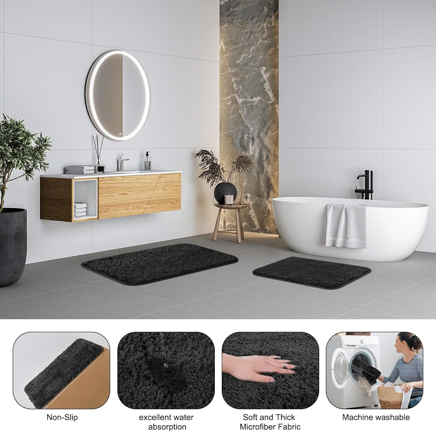 Bathroom Accessories Set - 24PCS Black Bathroom Set with Shower Curtain and Rugs, Trash Can, Toilet Brush Holder Set & Soap Dispenser – Stylish & Functional Bath Decor for Home, Apartment