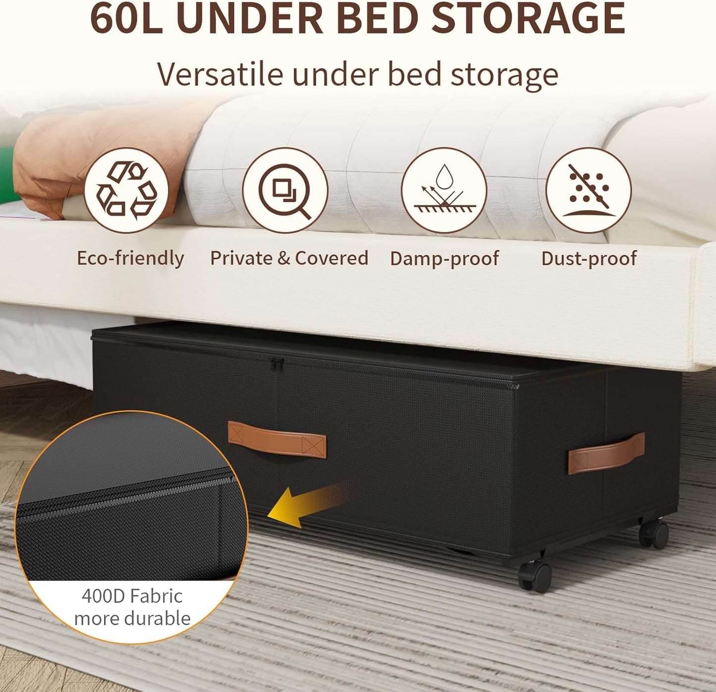 60L Under Bed Storage Bins with Wheels,2-Pack Rolling Organizers for Clothes, Shoes, Blankets & Toys,Space Saving Containers for Bedroom, Home, Dorm (9.5" High)