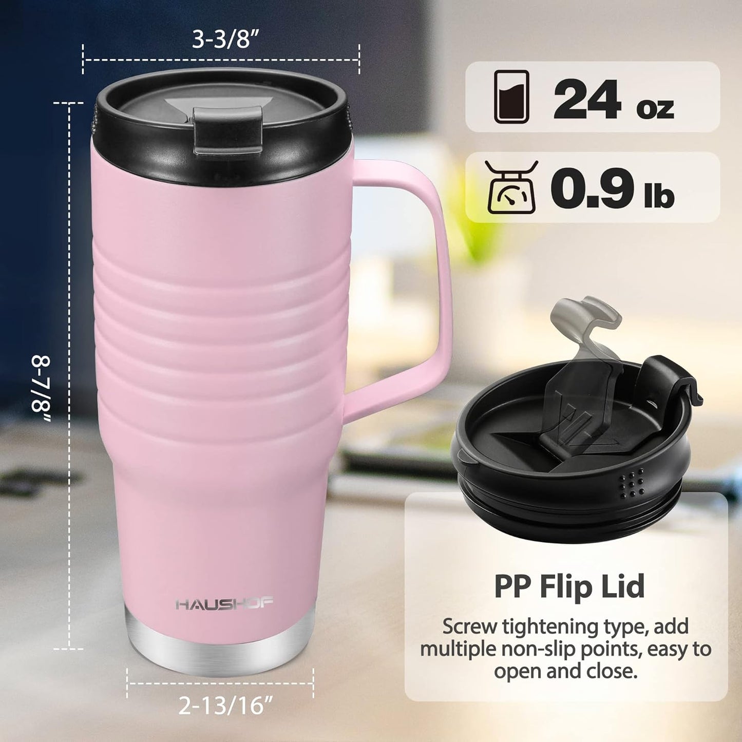 HAUSHOF 24 oz Travel Mug with Handle, Stainless Steel Vacuum Insulated Coffee Double Wall Travel Mugs with Leakproof Lid, BPA Free