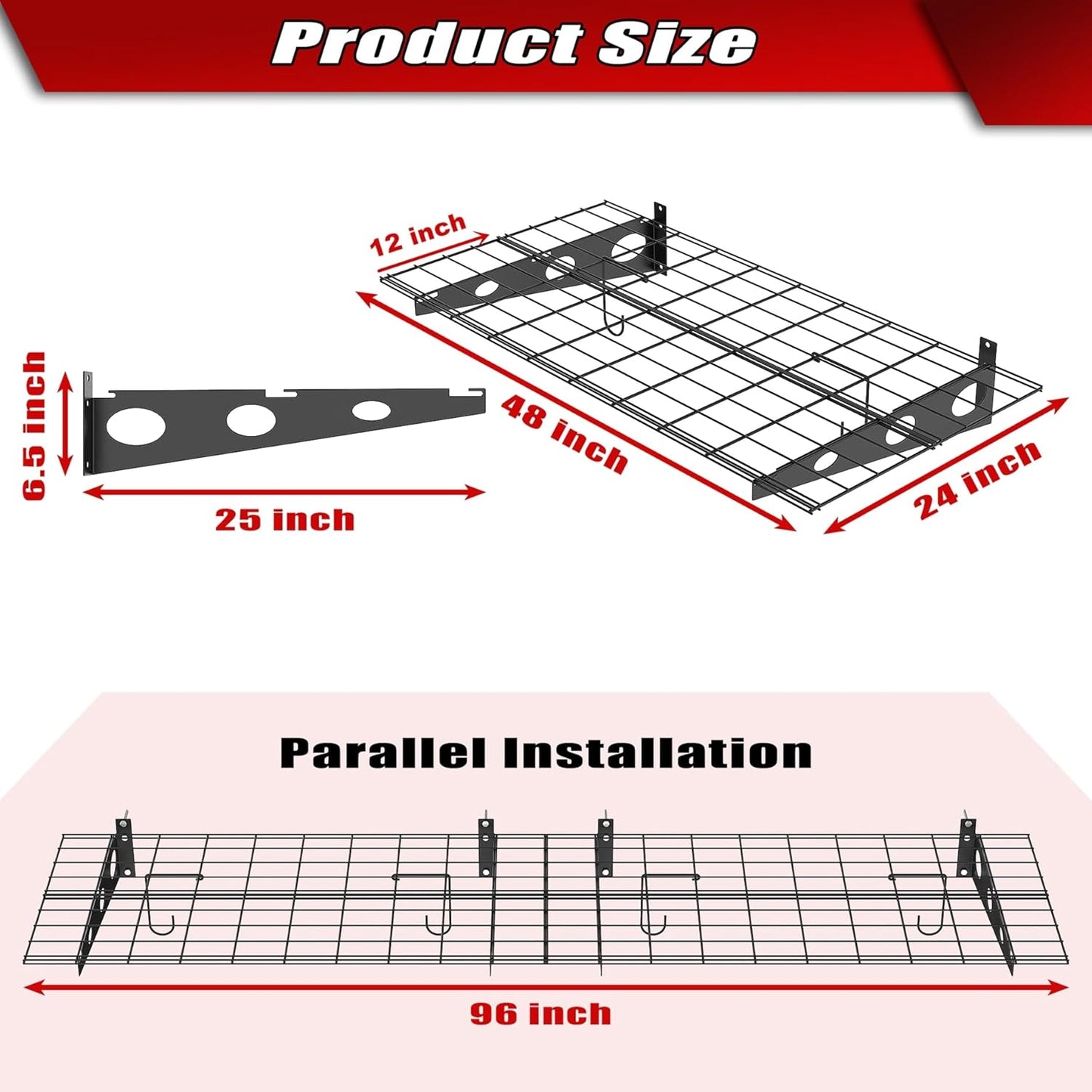 WALMANN 2 Pack Garage Wall Shelves, 2 x 4 ft/24 * 48 inch Wall Mounted Storage Shelves for Garage Heavy Duty Wall Shelving, Holds Up to 220 lbs(Black)