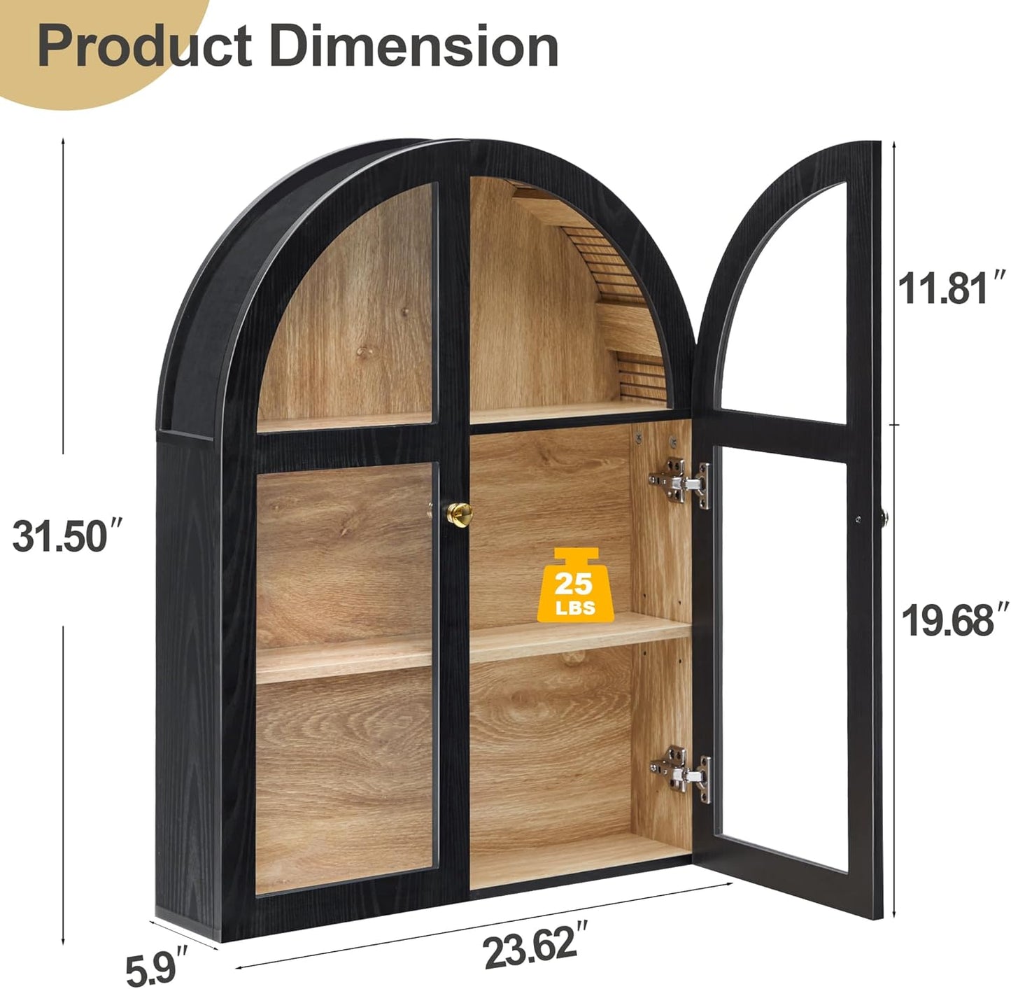 Arched Bathroom Wall Cabinet, Arch Medicine Cabinet Wall Mounted with Acrylic Doors, Wall Over The Toilet Storage Cabinet with Adjustable Shelves for Laundry Room, Kitchen (Black)