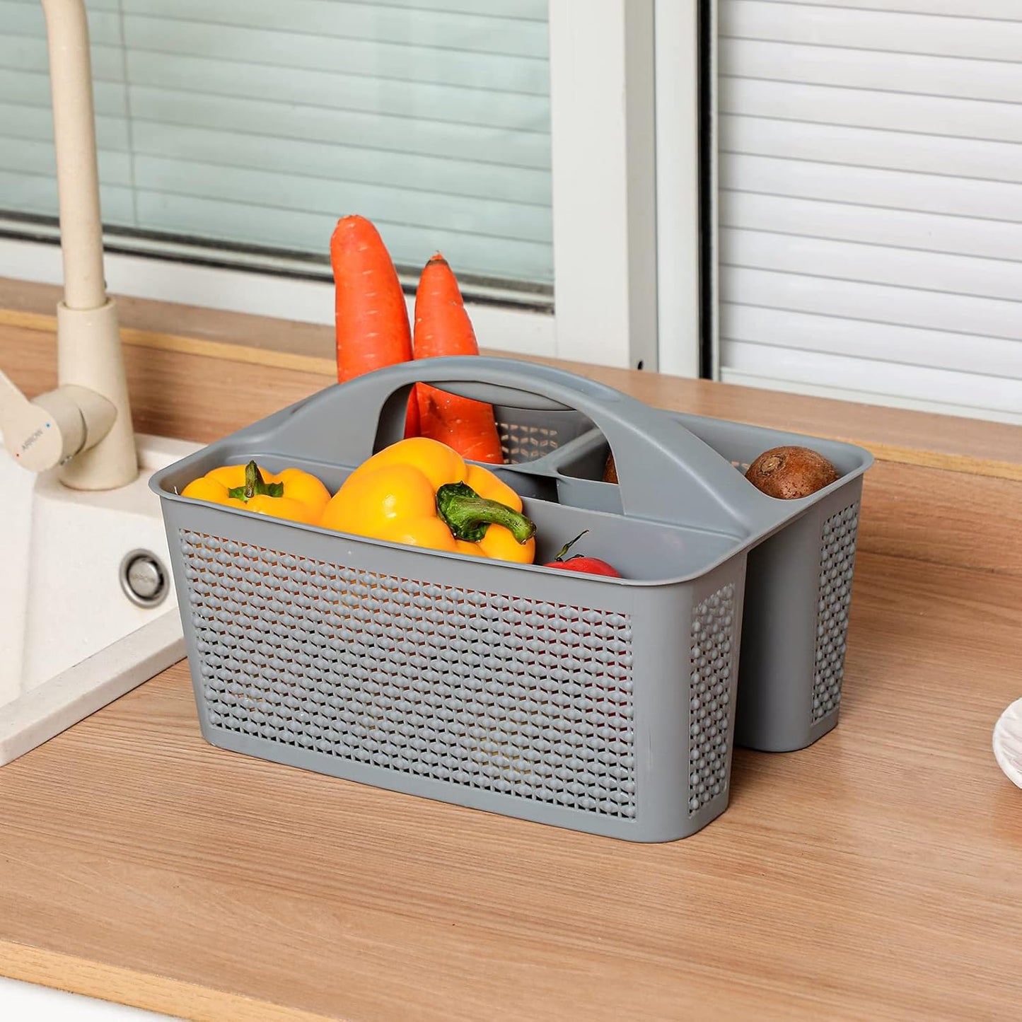 UUJOLY Plastic Portable Shower Caddy Bucket, Cleaning Shower Basket with Handle Compartments Storage Organizer for Bathroom Kitchen College Dorm Sink, Grey