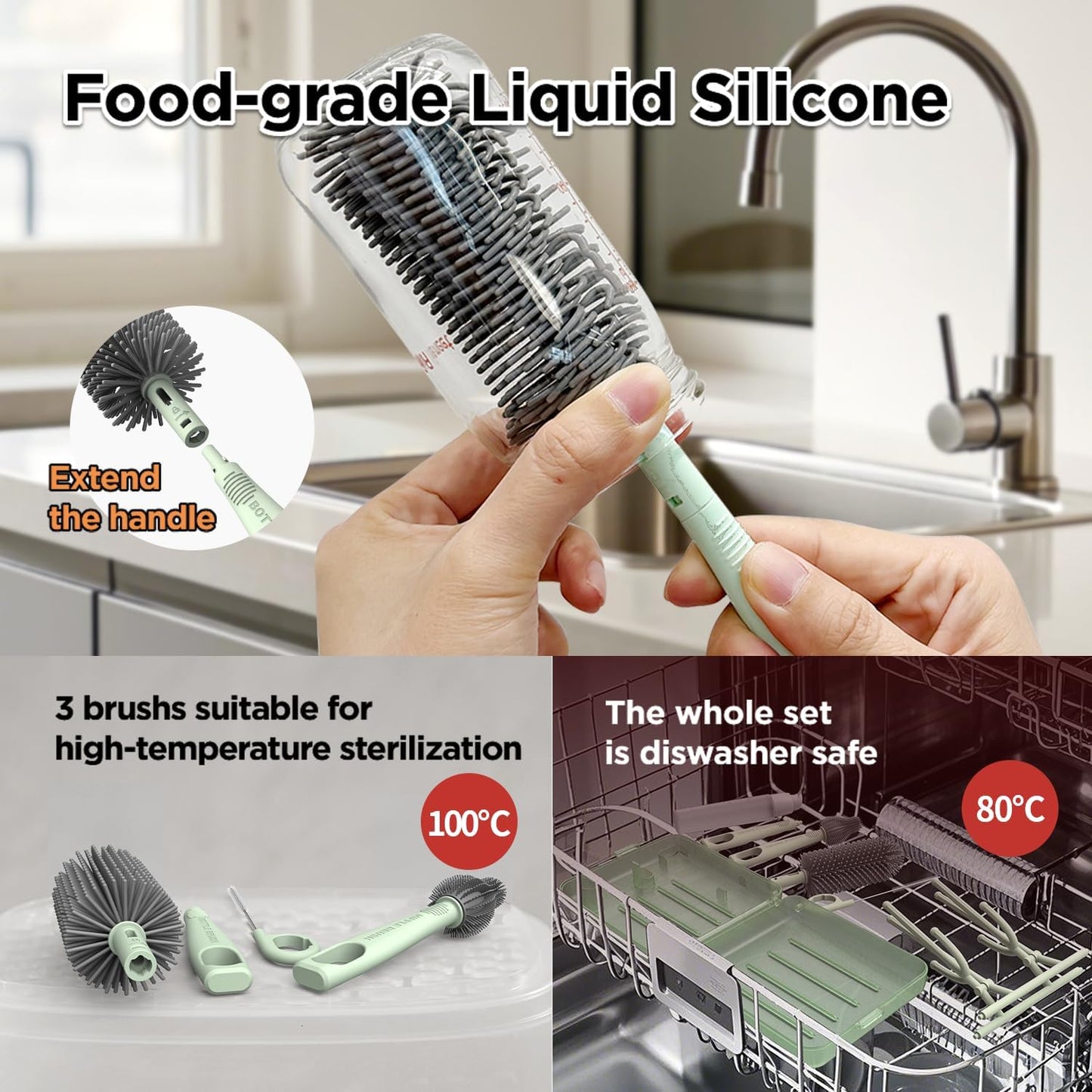 YOTIME Travel Bottle Brush Set, Auto-Open Rack & Vertical Brushs Drying Slots, 3 Brushes, Foldable Drying Rack, Dispenser, Travel Baby Essentials for On-The-Go Parents, Green