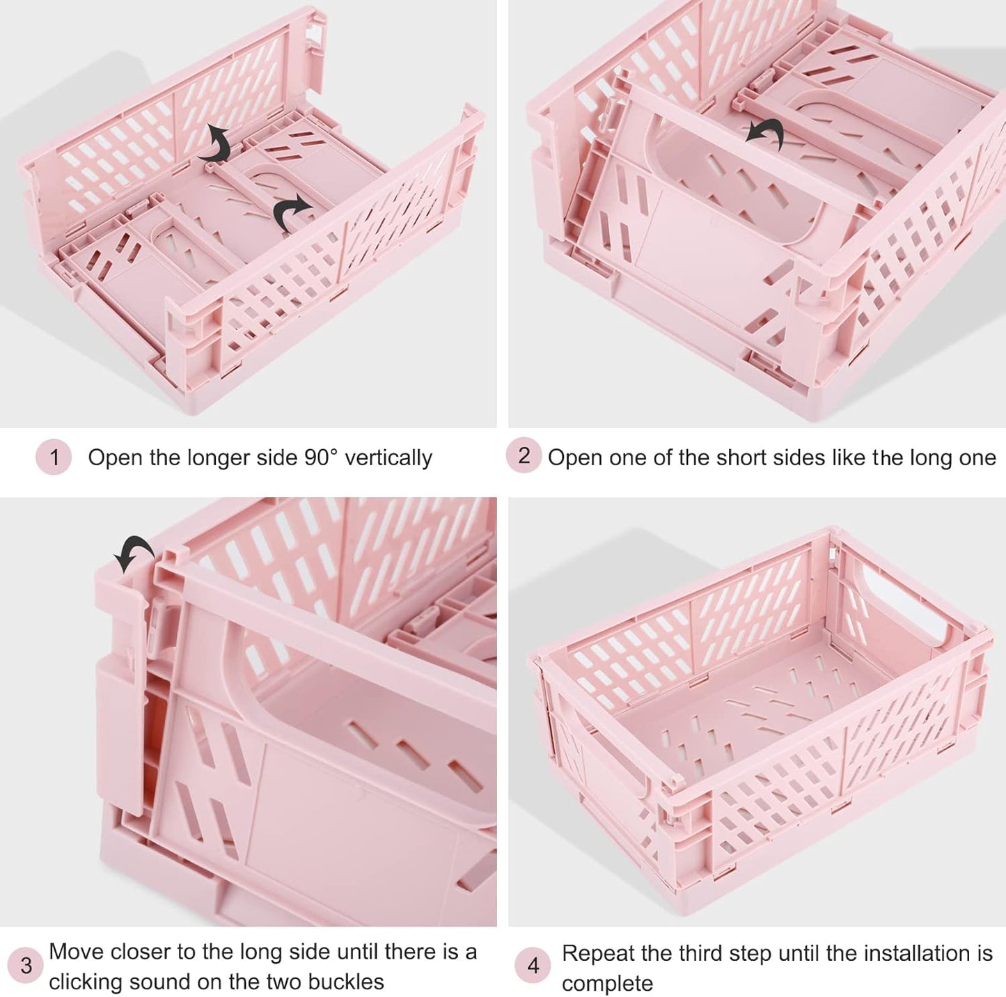 Plastic Baskets for Desk Organizing, Drawer Organizer, 2 Medium+2 Small Durable Folding Storage Crate for Home Kitchen Classroom Office Bedroom and Bathroom (Pink)