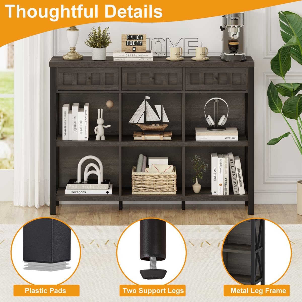 FATORRI Rustic 6 Cube Storage Organizer Bookshelf with 3 Drawers, Short Low Horizontal Bookshelf for Living Room, Industrial Wood and Metal Cubby Bookcase for Home Office (Walnut Brown, 47 Inch)