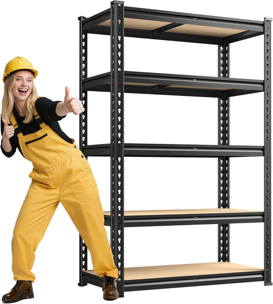72.12" H Garage Shelving, Storage Shelves Load 2100LBS, 5-Tier Adjustable Shelving Unit with Thickened Wooden Boards for Multiple Scenarios, 72.12" H x 35.55" W x 11.85" D, Black