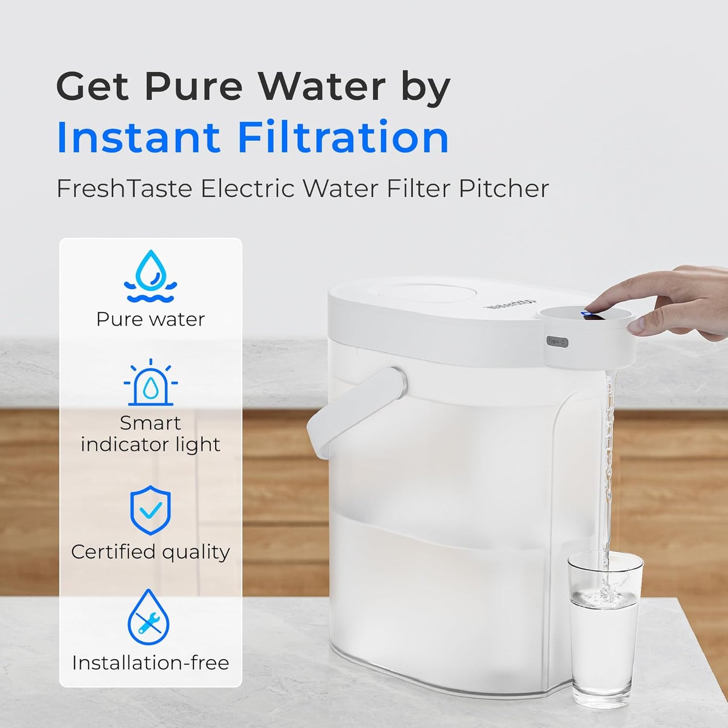 Waterdrop FreshTaste Instant Water Filter Pitcher with 4 Filters, Rechargeable Powerful Dispenser, Reduce Chlorine, Lead, Copper, Purify, Soften Water, 17-Cup, White, Does not Lower TDS