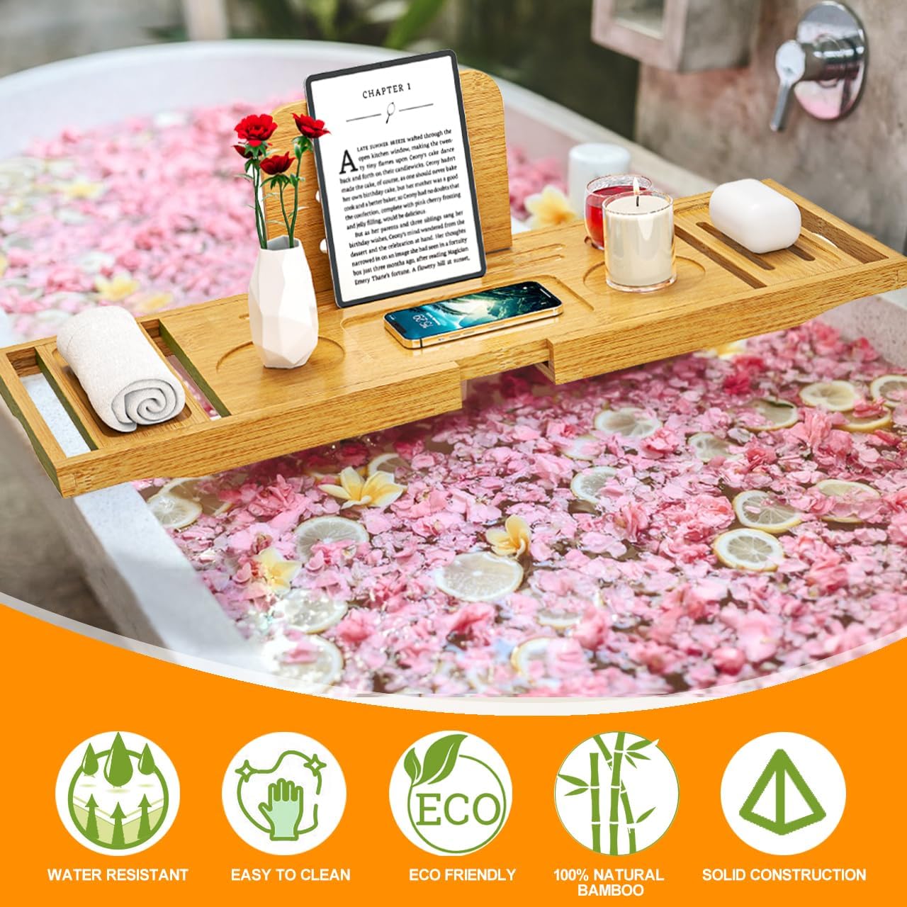 Bathtub Tray Caddy - Bath Tray - Bath Tub Tray Caddy - Bamboo Bath Table Tray for Tub - Expandable Size, Fits Most Tubs