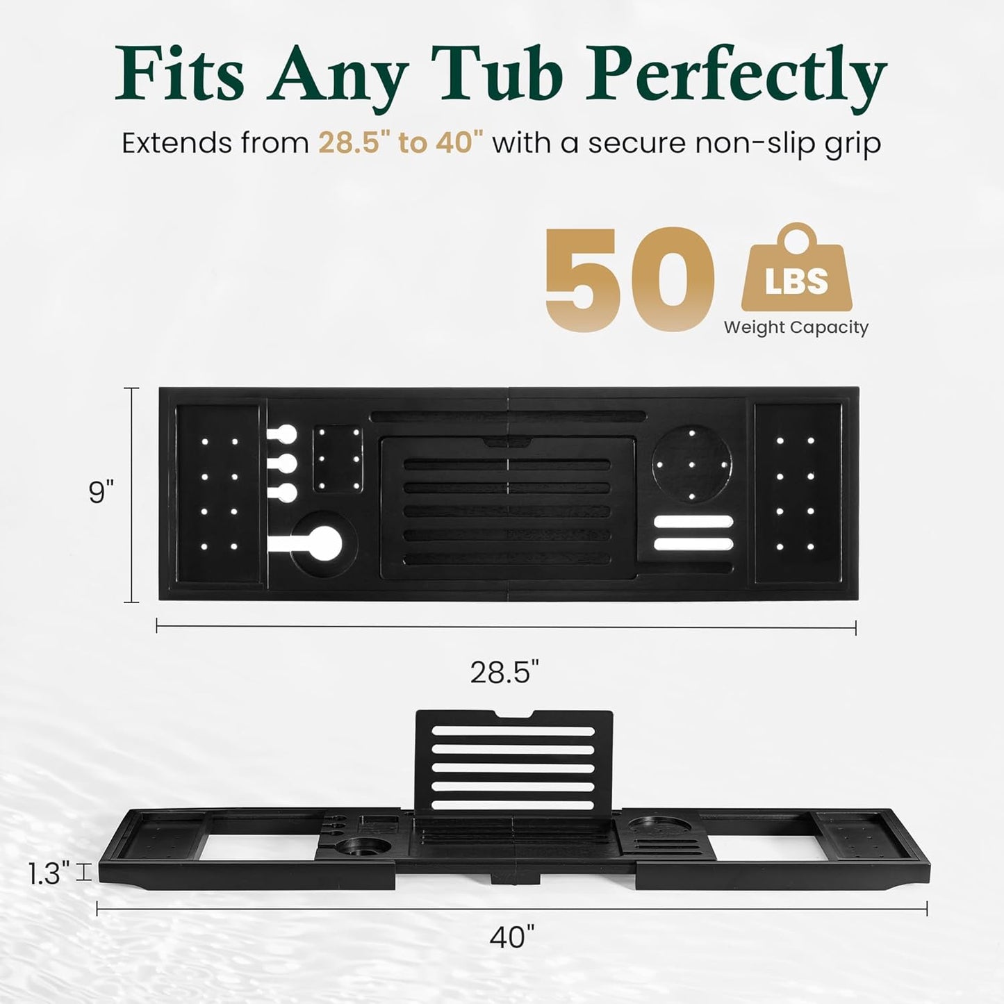 Teak Bathtub Tray | Adjustable Width Tray with Wine Holder, Tablet/Phone & Book Stand, Splash-Proof for Bath Time- Black