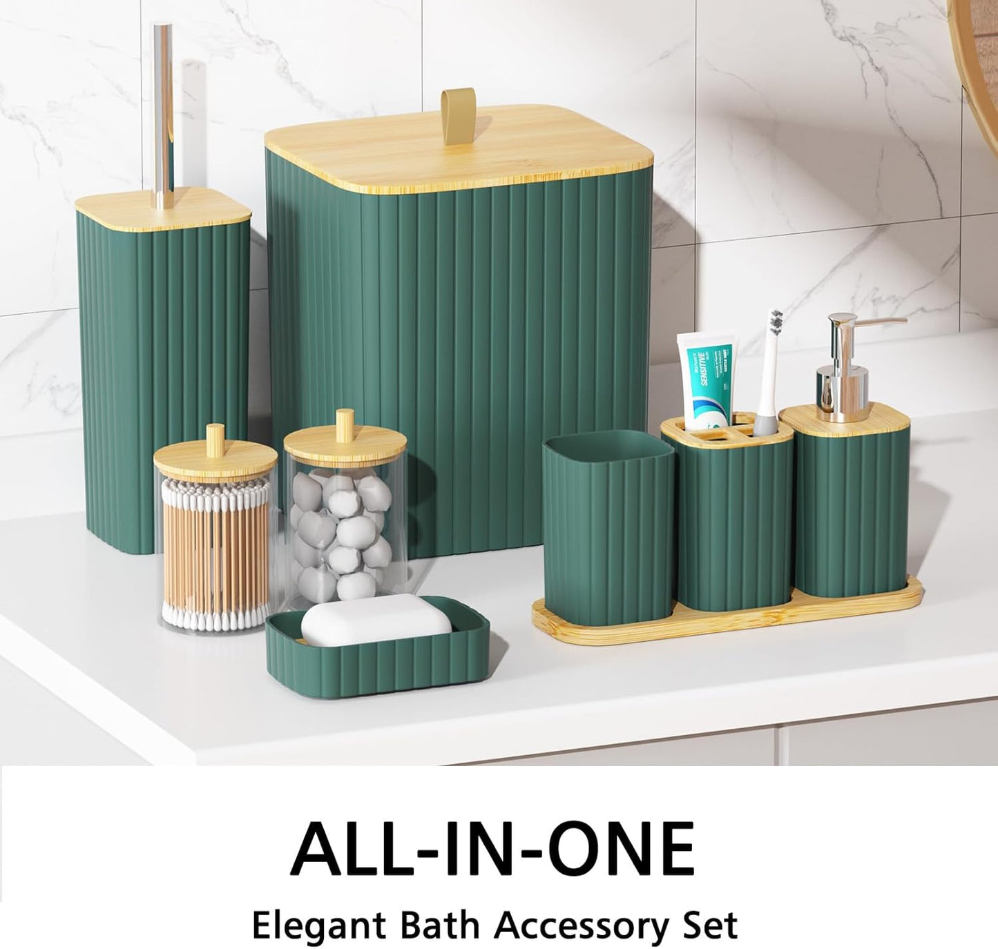 Bathroom Accessories Set - 22PCS Bathroom Set with Shower Curtain, Trash Can, Toilet Brush Holder Set & Soap Dispenser – Stylish & Functional Bath Decor for Home, Apartment, Green