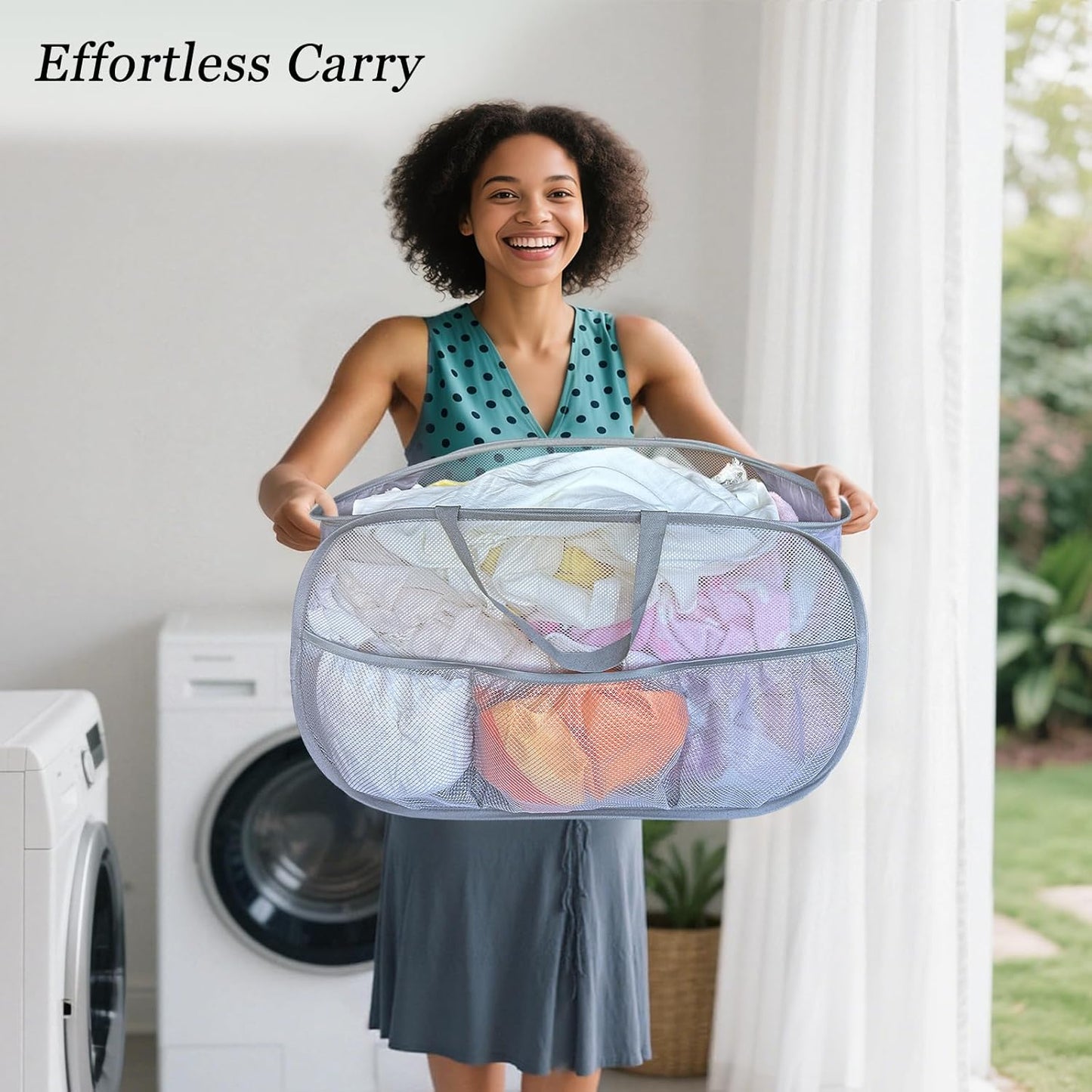 Collapsible Laundry Baskets 2 Pack, Mesh Pop Up Hamper with Handles, Portable Stair Basket, Dorm or Room Folding Bin, Dirty Clothes Hamper Light Breathable. Grey. 2H