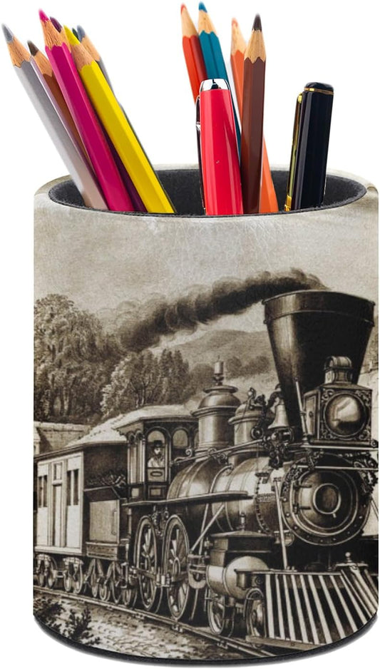 Vintage Steam Train Pen Holder Pencil Organizer Cute Pencil Cup Desk Decor Makeup Brush Holder PU Multifunctional Office Suppliesfor Home Classroom School