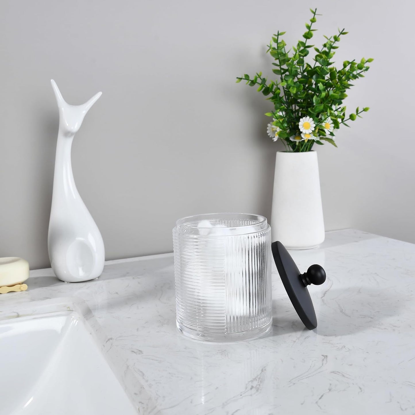 Clear Transparent Apothecary Ribbed Geometric Etched Glass Jar W/Matte Black Metal Lid Cover for Bathroom Organization, Cotton Balls, Q Tips, and Small Accessories, Bathroom Storage