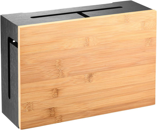 Bamboo Cable Management Box with Magnetic Lid & Ties - Elegant, Durable Cable Organizer to Hide Cords & Power Strip - Wall Mountable Box Hider for Home, Office, Desk & More (Black)