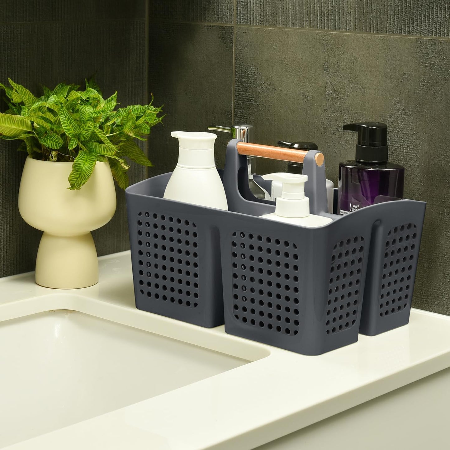 Portable Shower Caddy Basket with Compartments, Plastic Divided Cleaning Caddy Organizer Storage Tote with Handle for Bathroom, College, Dorm Room Essentials, Dark Gray