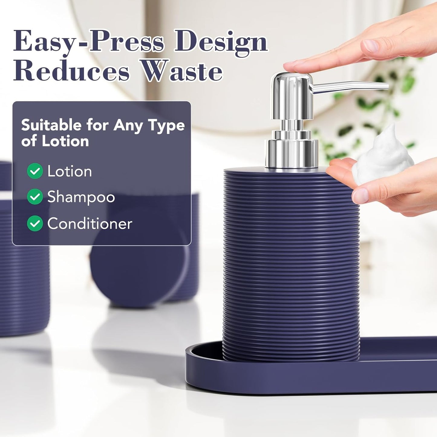 6-Piece Bathroom Accessory Set Resin, Navy Blue Bath Accessories Complete with Toothbrush Holder, Lotion Soap Dispenser, 2 Qtip Holders,Vanity Tray,Bathroom Tumbler - Countertop Vanity Organizer