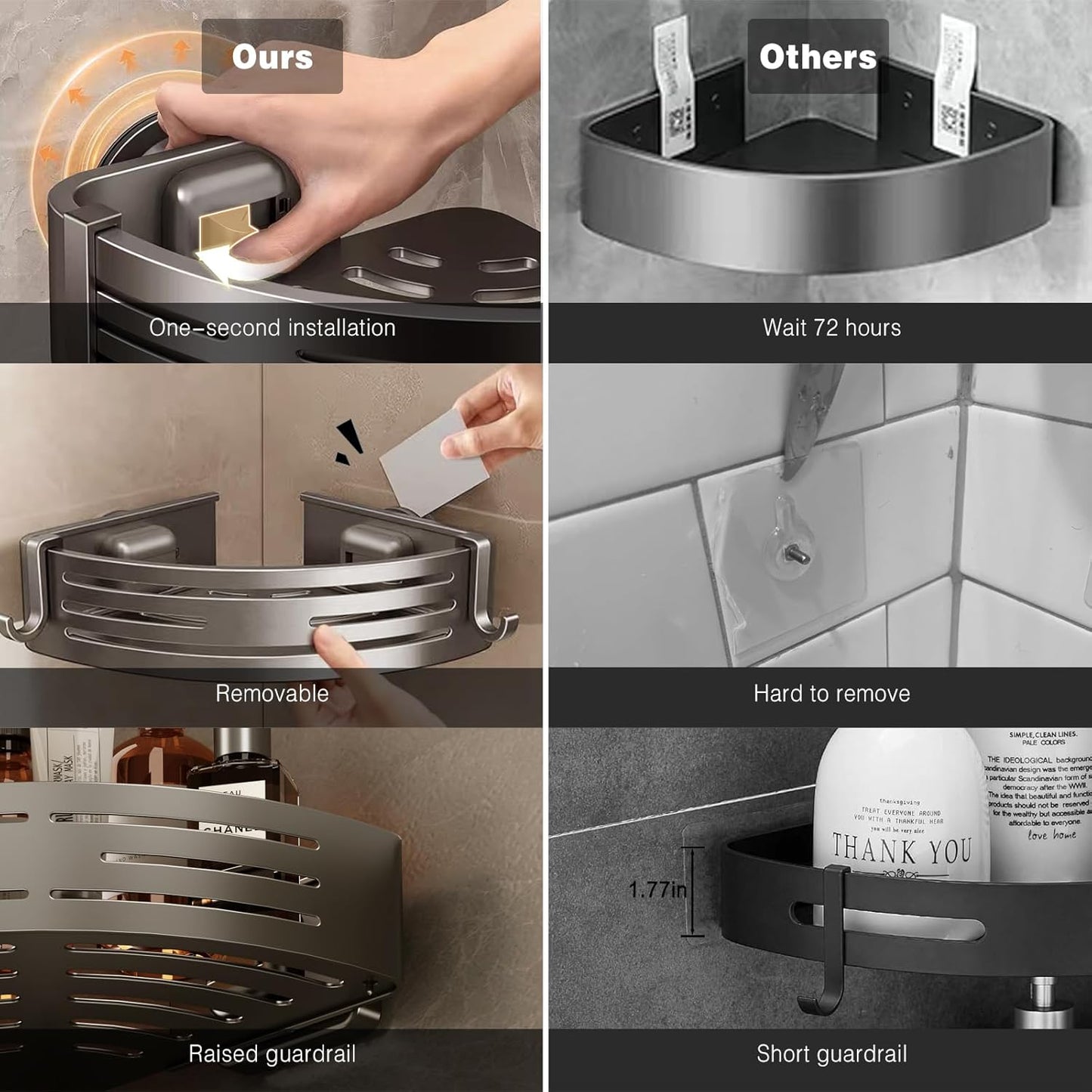 Voldra Corner Shower Caddy Suction Cup, 1 Pack Corner Shower Shelves No Drilling, Aluminum Upgrade Suction Cup Shower Organizer Corner with Towel Bar & Hooks Removable Bathroom Storage Rack(Gray)