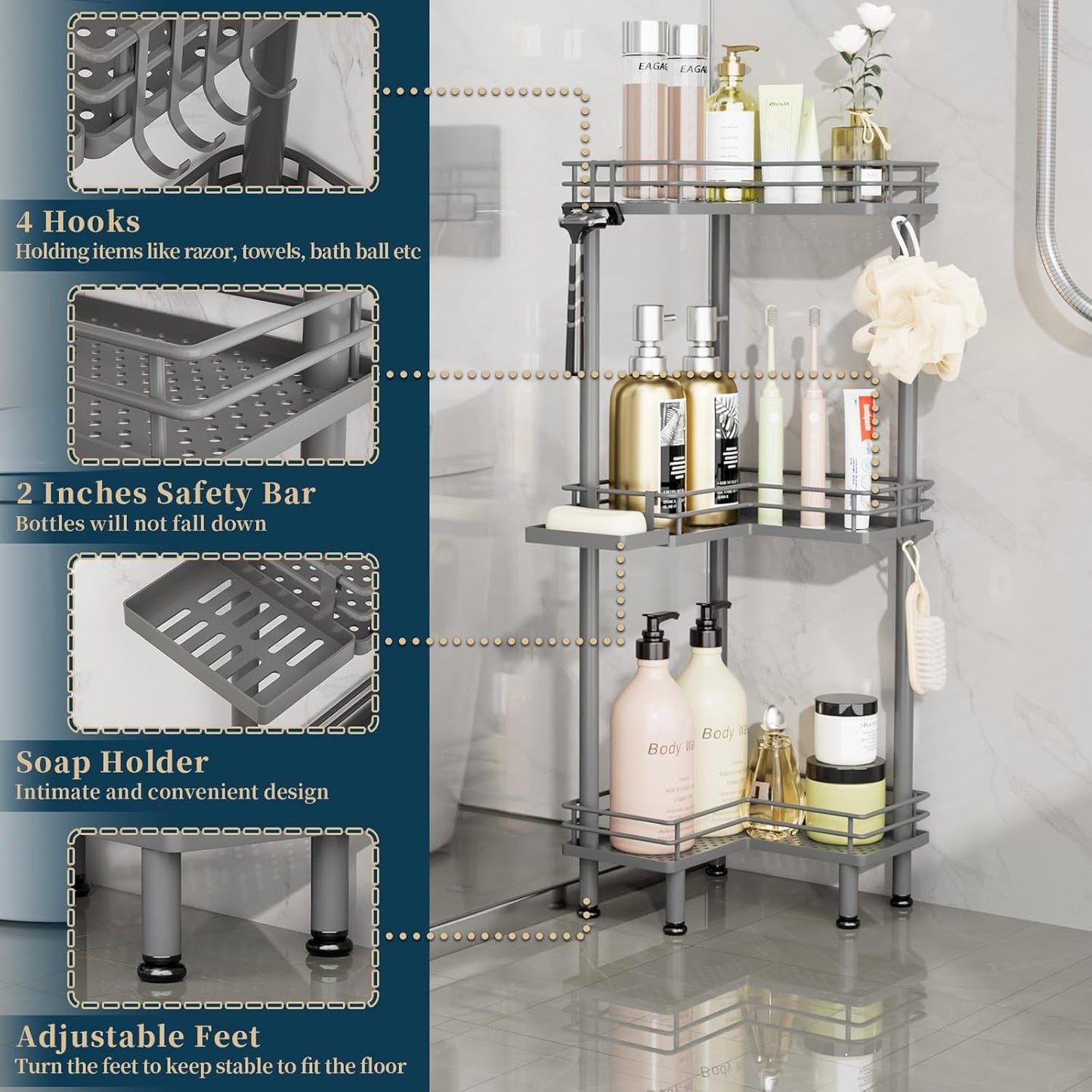 Consumest Corner Shower Caddy Standing - 3-Tier Stainless Steel Shower Organizer with Soap Holder and 4 Hooks, Large Capacity Corner Shelf Stand for Bathroom, Rest Room, Grey