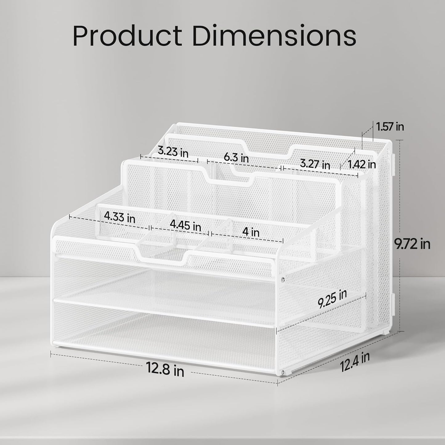 Lavatino Desk Paper File Organizer - Metal Mesh with 2 Letter Trays, 7 Flexible Dividers, 2 Vertical File Folder Holders for Office/Home/Classroom Supplies, Desk Organizers and Accessories, White