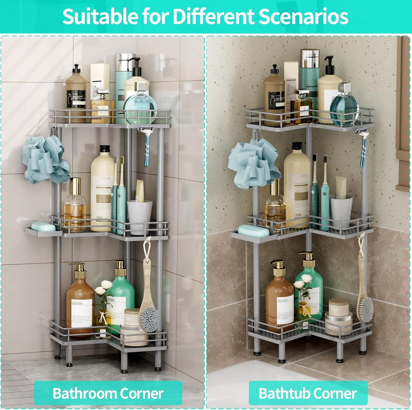 HapiRm Corner Shower Caddy Standing - 3 Tier Shower Organizer Corner with Soap Holder, Rustproof Bathroom Standing Organizer with 4 Hooks, Grey