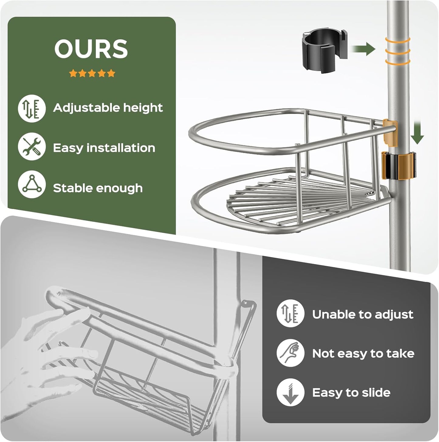 HAMITOR Corner Shower Caddy Tension Pole: 4-Tier Rust-Resistant Adjustable Bathroom Organizer Shelves - 47-121 Inch No-Drill Quick Installation - Space-Saving Storage for Renters Family - Silver Gray