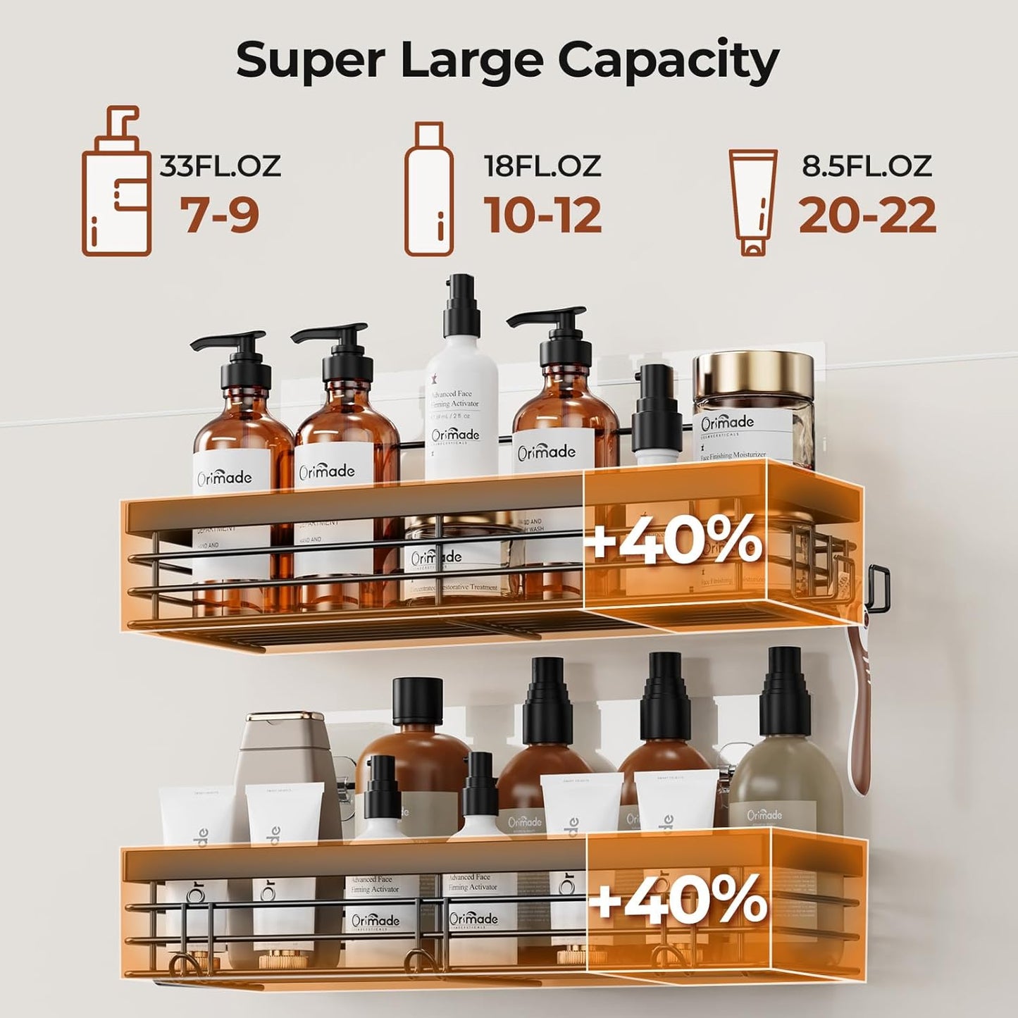 Orimade Adhesive Shower Caddy Soap Dish Holder Shelf with 5 Hooks Bathroom Organizer Basket Kitchen Storage Rack Wall Mounted No Drilling Stainless Steel - 3 Pack, Black