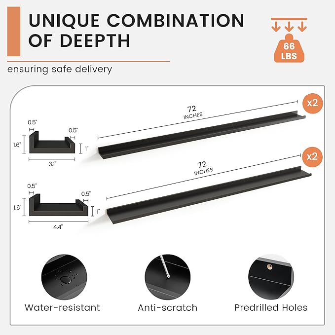 Floating Picture Ledge Shelves for Wall Set of 4, 72 Inch Wall Shelves with Lip Long Large Nursery Book Shelf for Toys Storage Kids Bookshelf Wall Mounted Living Room Bedroom Decor Frames