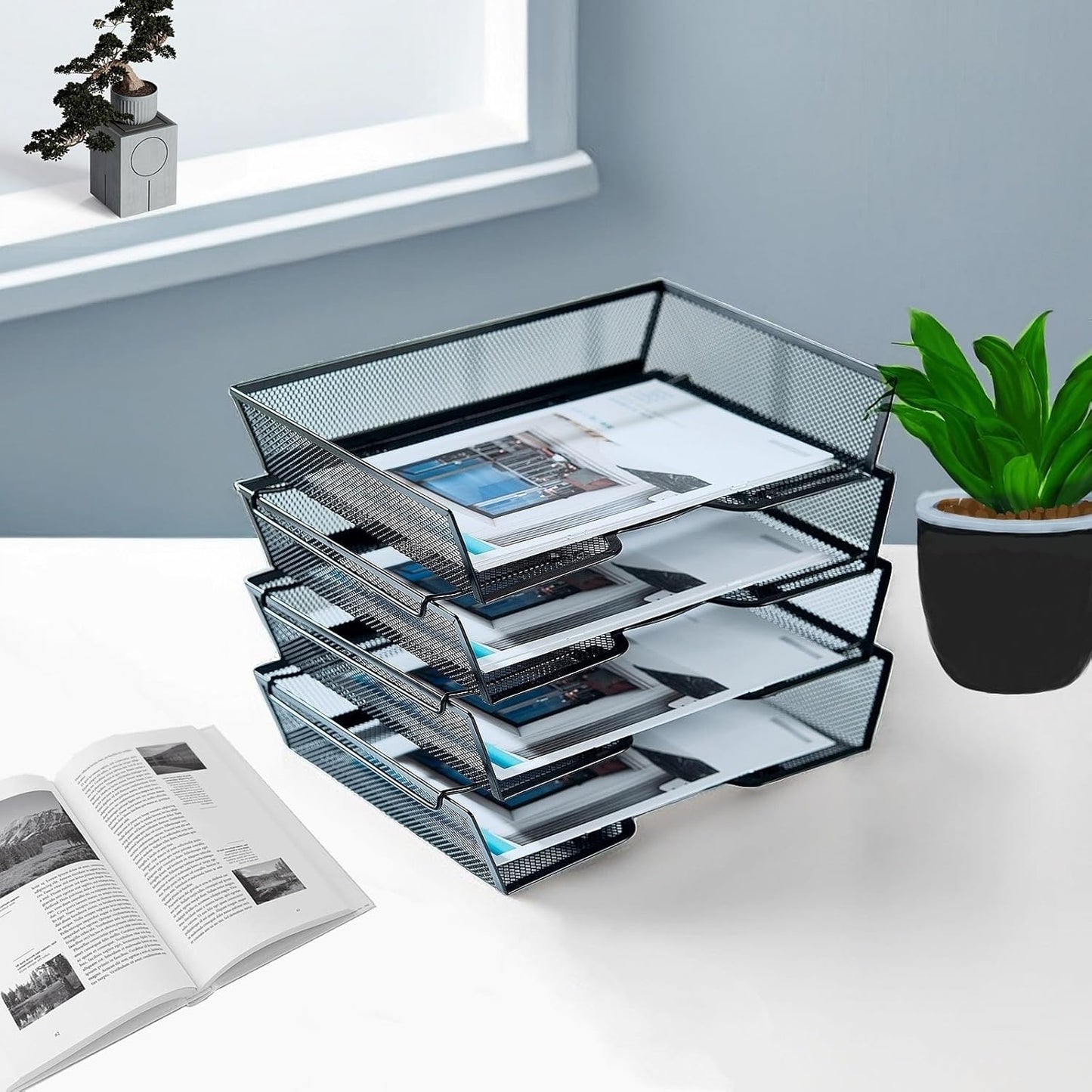 SETTFRFE 4 Tier Metal Mesh Desk Organizer-Stackable Letter Trays for Office Supplies,Black File Storage System with Reinforced Edges