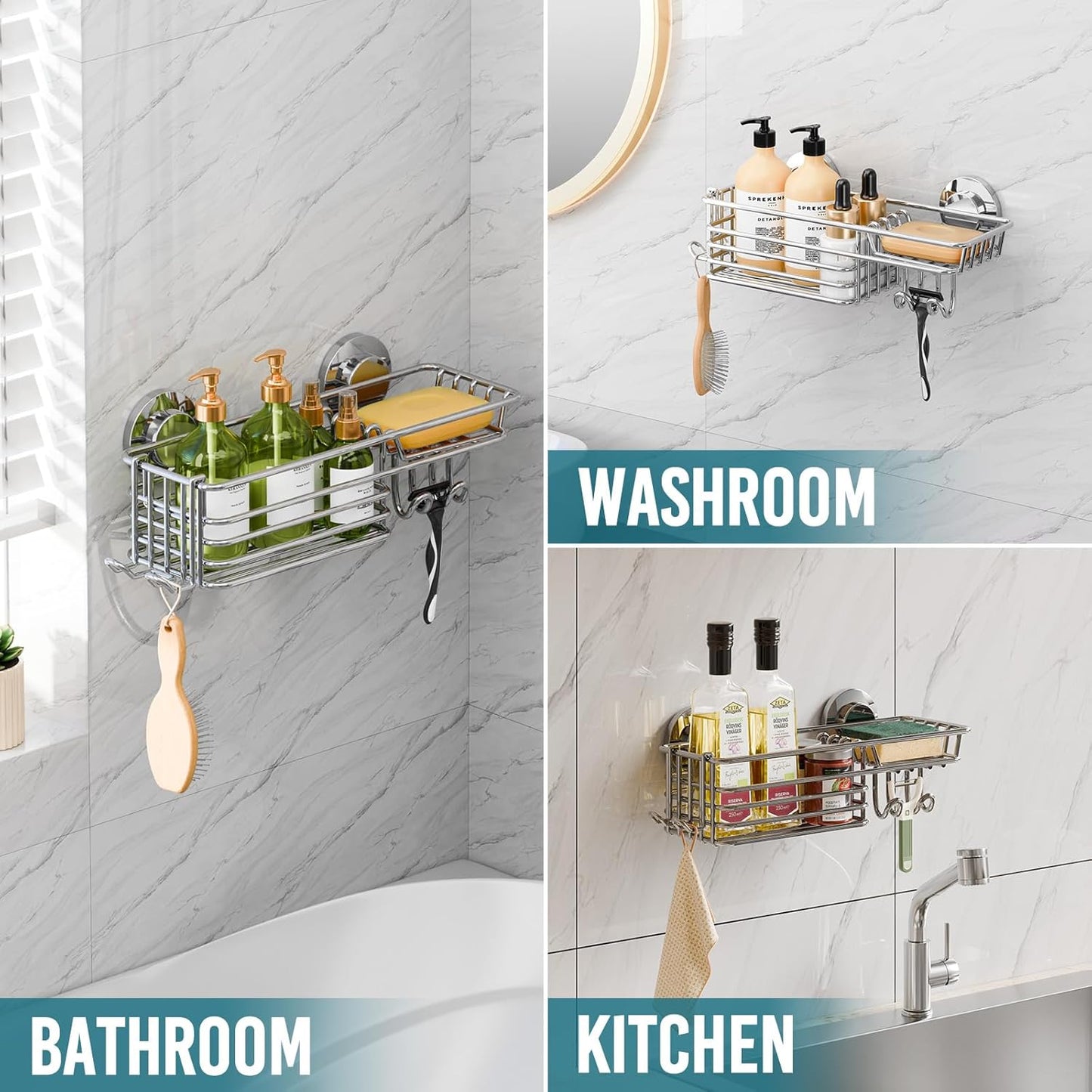 TAILI Shower Caddy Suction Cup with Hooks & Soap Holder, Heavy Duty Bathroom Shower Organizers, Removable Bathroom Shelves for Inside,Stainless Steel Holder Organizer-Silver