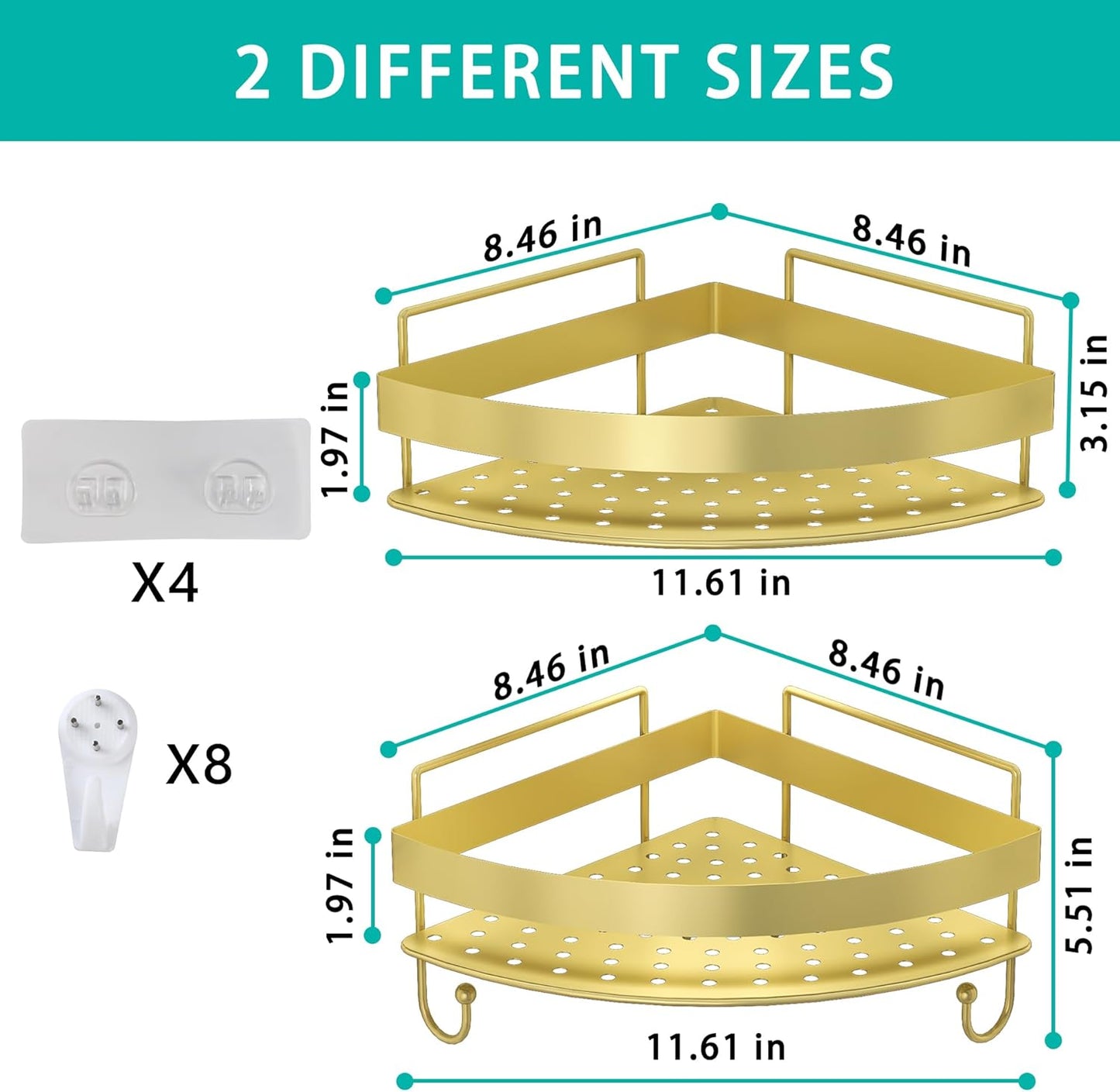 Corner Shower Shelves, 2-Tier Gold Shower Candy with 4 Hooks, Stainless Steel Bathroom Shower Organizers, Wall Mounted Caddy Shelves No Drilling with Adhesive, Triangle Storage Shelf for Toilet