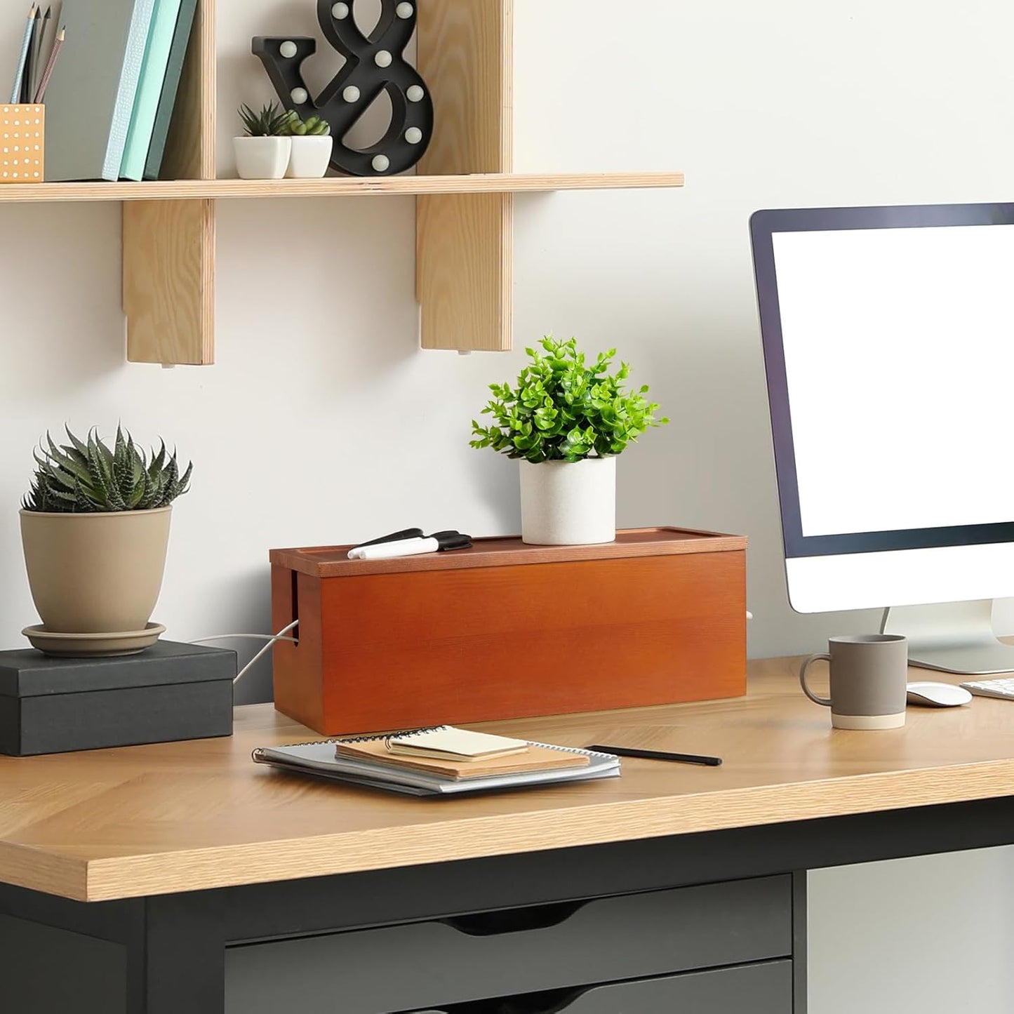 Large Cable Management Box, Wooden Cord Organizer Box for Desk, Floor, Office to Hide Extension Cords Power Stripes Surge Protectors Chargers Wires, Red Brown