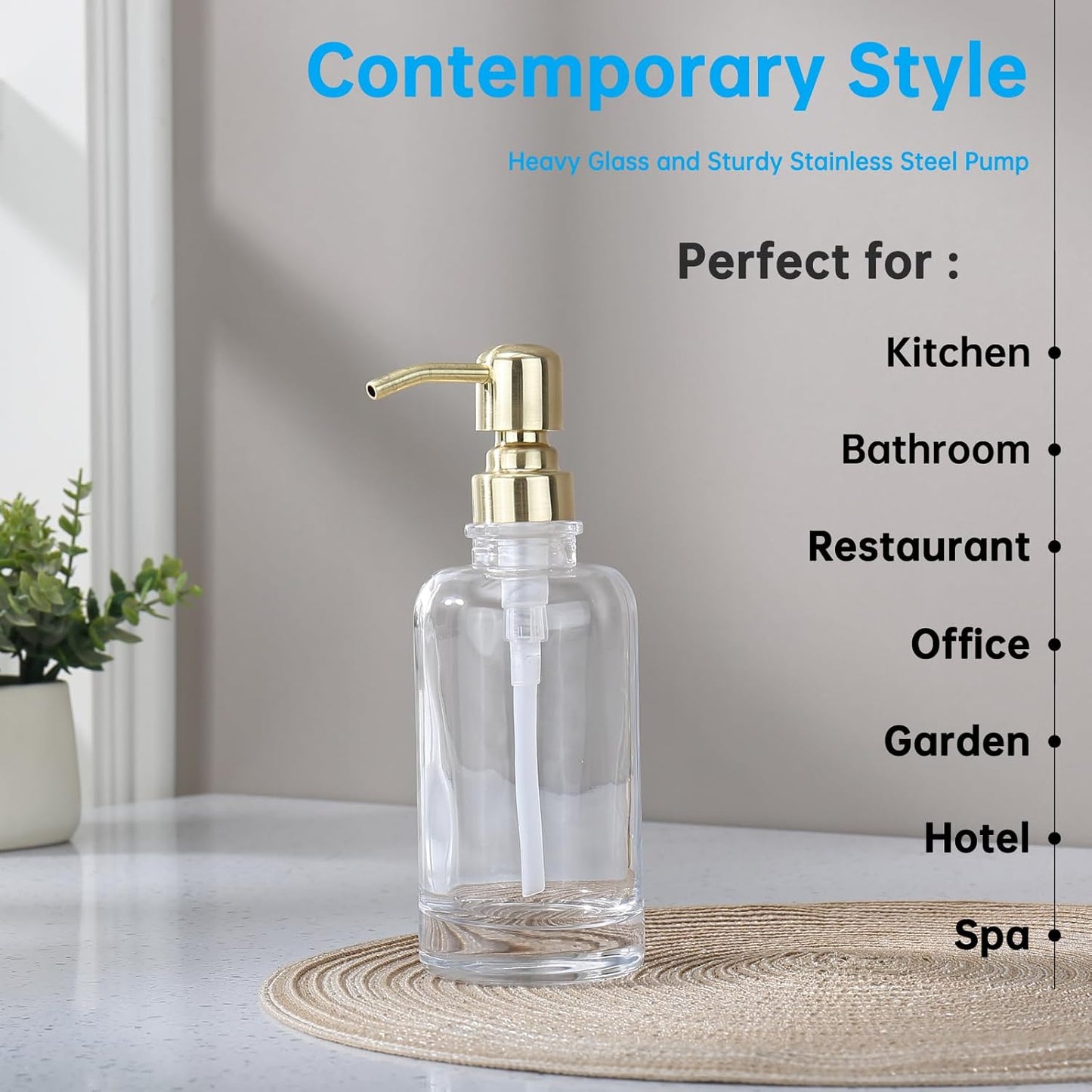 Bathroom Soap Dispenser Brushed Gold, 11 oz Glass Cylindrical Bottles with Stainless Steel Pump Liquid Hand Soap Dispenser Kitchen