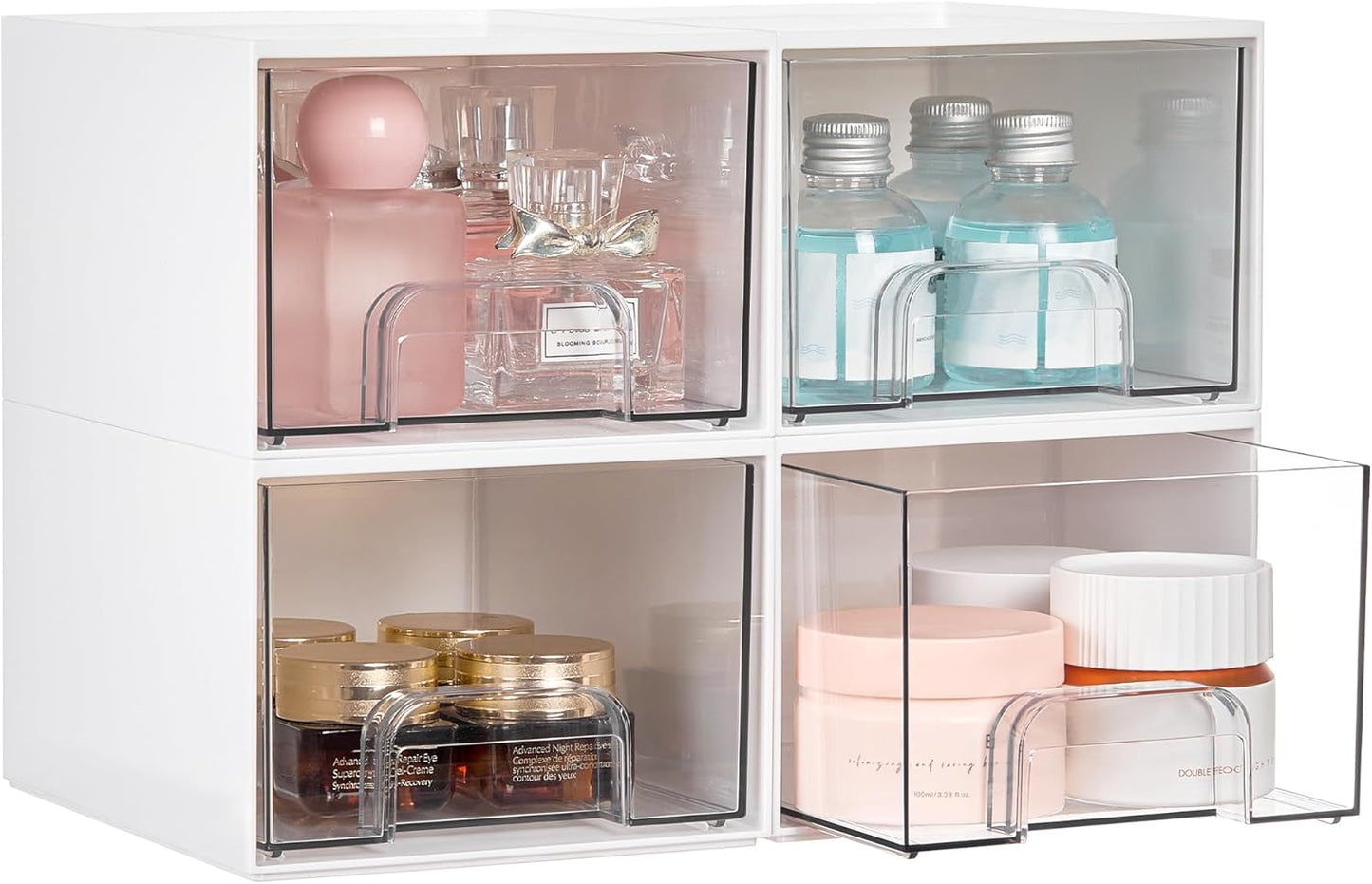 Vtopmart 4Pack Small Stackable Storage Drawers, Bathroom Makeup Organizer,Plastic Storage Bins For Vanity, Undersink, Kitchen Cabinets, Pantry, Home Organization(White)
