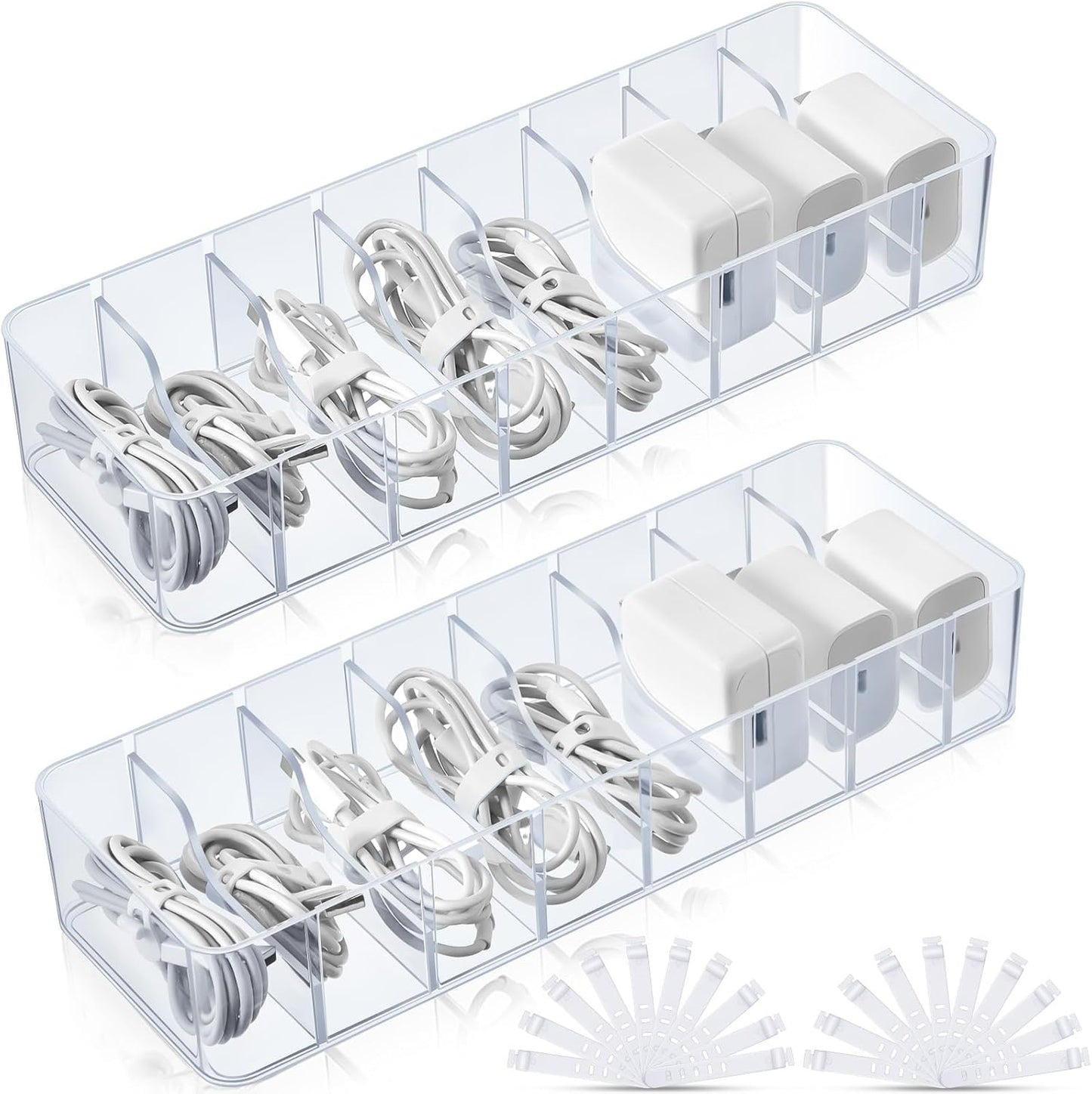 Tatuo 2 Pcs Cable Organizer with 20 Wire Ties, Plastic Cord Storage Charger Box Electronics Organizer with Adjustment Compartments Cable Storage for Drawer Home Office Desk Accessories (Clear)