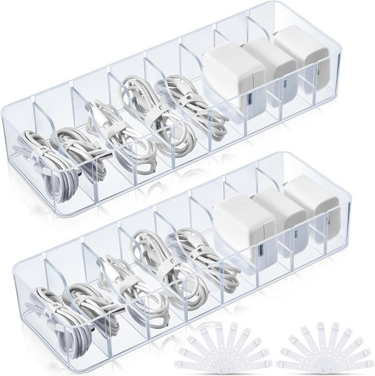 Tatuo 2 Pcs Cable Organizer with 20 Wire Ties, Plastic Cord Storage Charger Box Electronics Organizer with Adjustment Compartments Cable Storage for Drawer Home Office Desk Accessories (Clear)