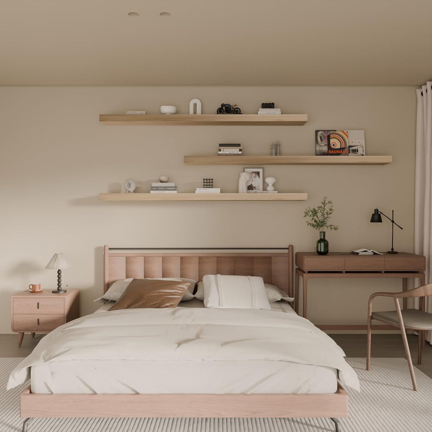 Floating Shelves for Wall, 72 Inch Extra Long Brown Wall Shelves, Set of 3, Hanging Invisible Brackets Floating Shelves for Living Room,Bedroom,and Kitchen (Light Brown, 3T72IN)