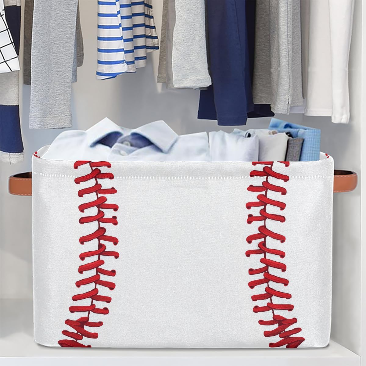 Baseball Storage Basket for Shelves, Storage Bins with Handles, Collapsible Basket for Organizing, Closet Toy Baskets for Nursery Room, 15x11x9.5 in, Canvas, Sports Baseball Stitches Lace