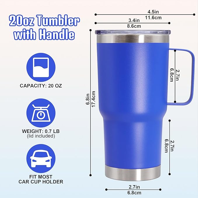 20 oz Tumbler with Handle and Lid, Stainless Steel Tumbler Insulated Travel Coffee Mug, Spill Proof Double Wall Vacuum Tumbler Cup Keep Drink Hot & Cold, Dark Blue, 6 Pack