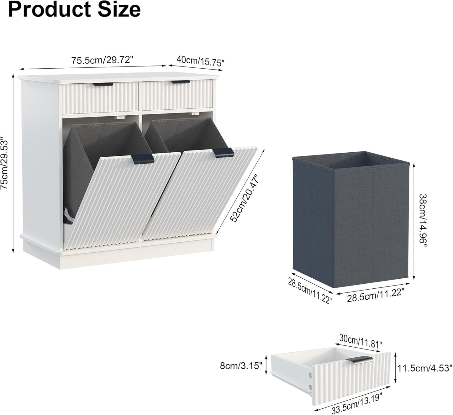 White Double Tilt Out Laundry Hamper Cabinet Laundry Basket Cabinet Hidden Laundry Hamper with 2 Drawers & 2 Baskets for Bathroom Bedroom,30x30x16in