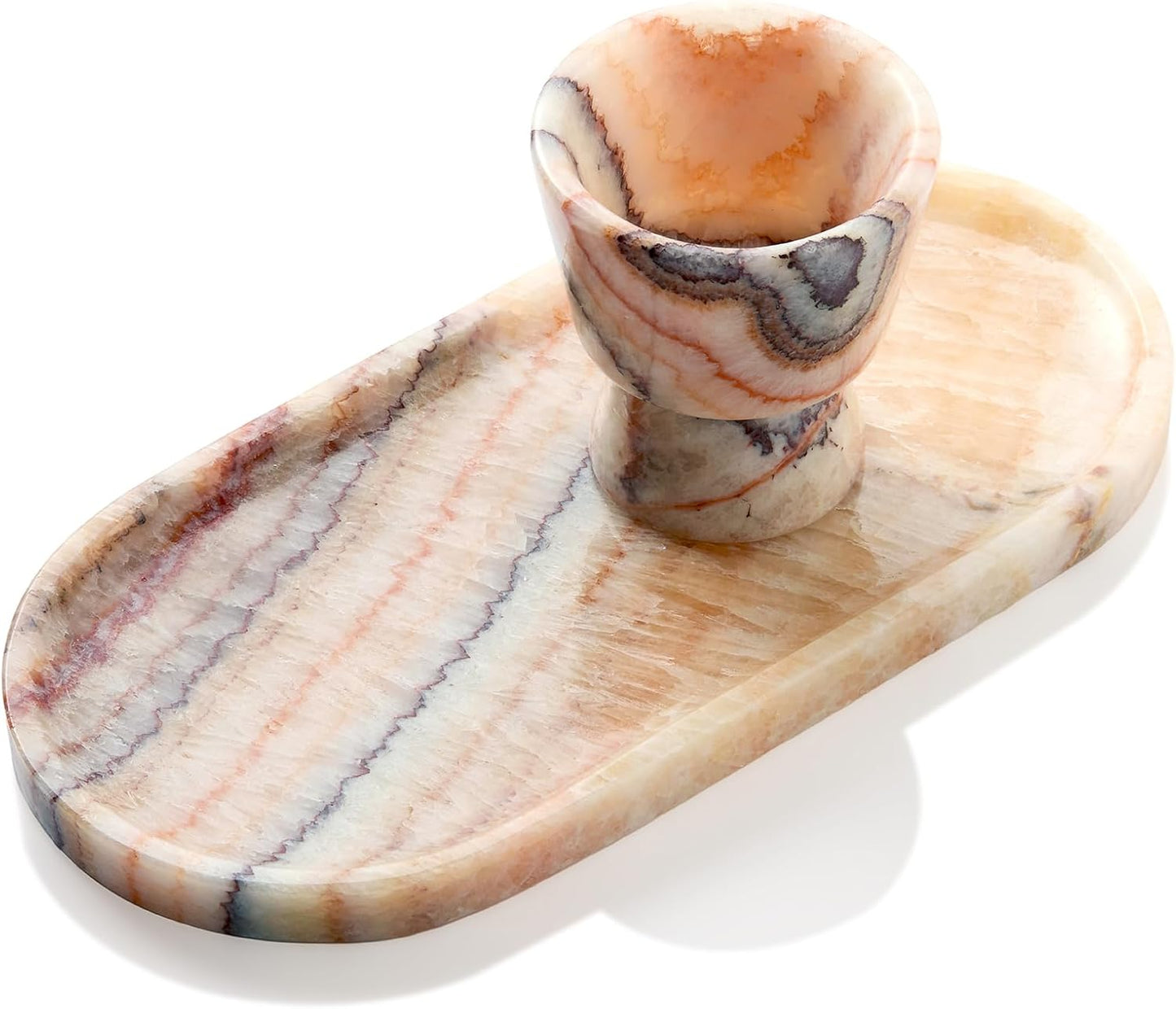 Natural Marble Decorative Tray for Countertop Organizer,Vanity Tray Trays for Jewelry Perfume Candle, Luxury Oval Stone Dish for Bathroom, Bedroom, 9.8"x4.4" Catchall Tray, Rose
