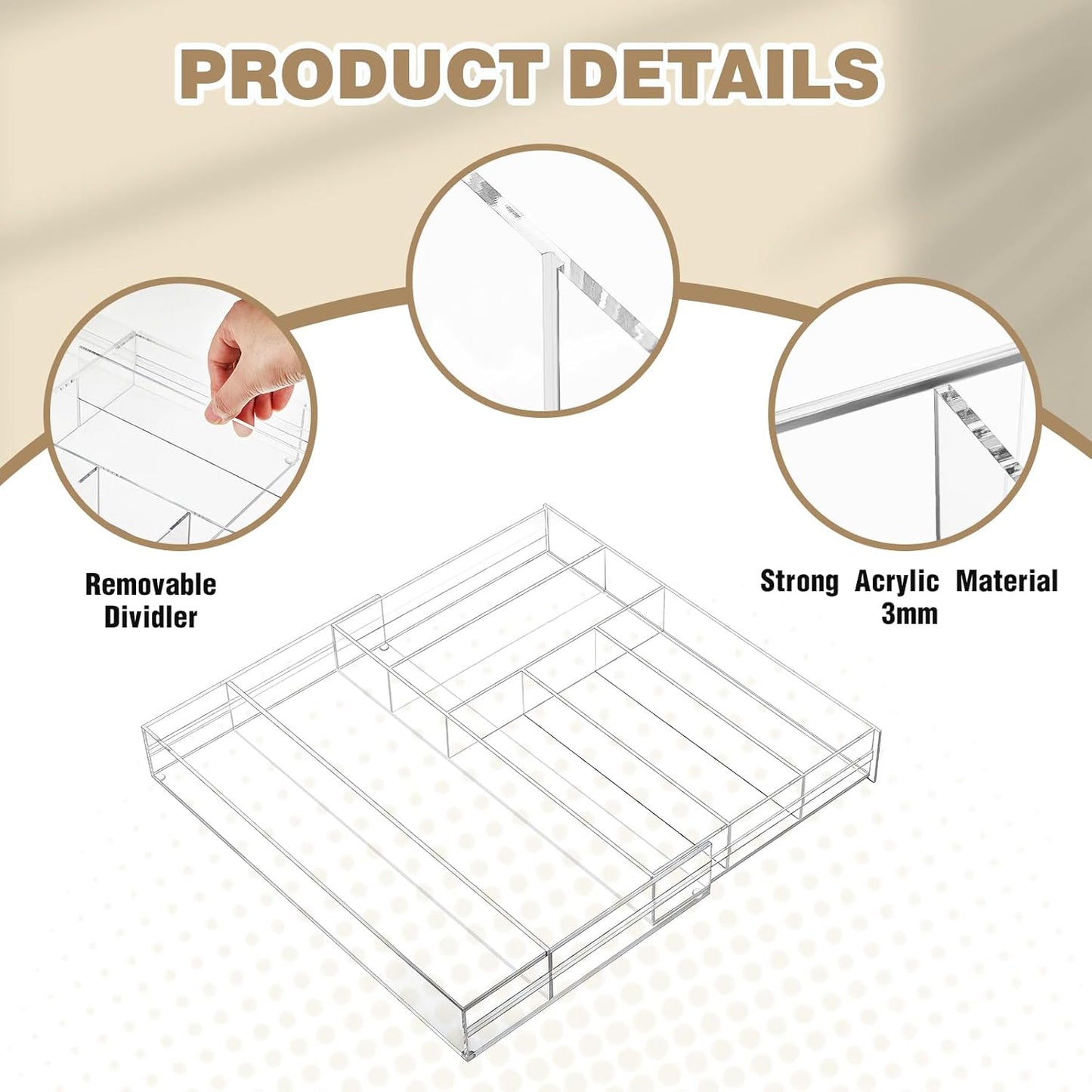 1 Pcs Acrylic Drawer Organizer Maximum 15 x 18 x 2 Inch Expandable Drawer Organizer Pens Notebook Ruler Makeup Tray with 7 Adjustable Compartments for Desk Office Kitchen Bathroom (Clear)