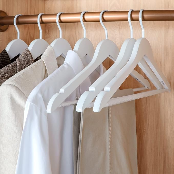 TOPIA HANGER All White Wooden Hangers, Solid Wood Suit Hangers with Extra Thick Hook and Non Slip Pants Bar, Heavy Duty Coat Hangers with Notches, Bridal Hangers for Shirts 16 Pack -CT01W