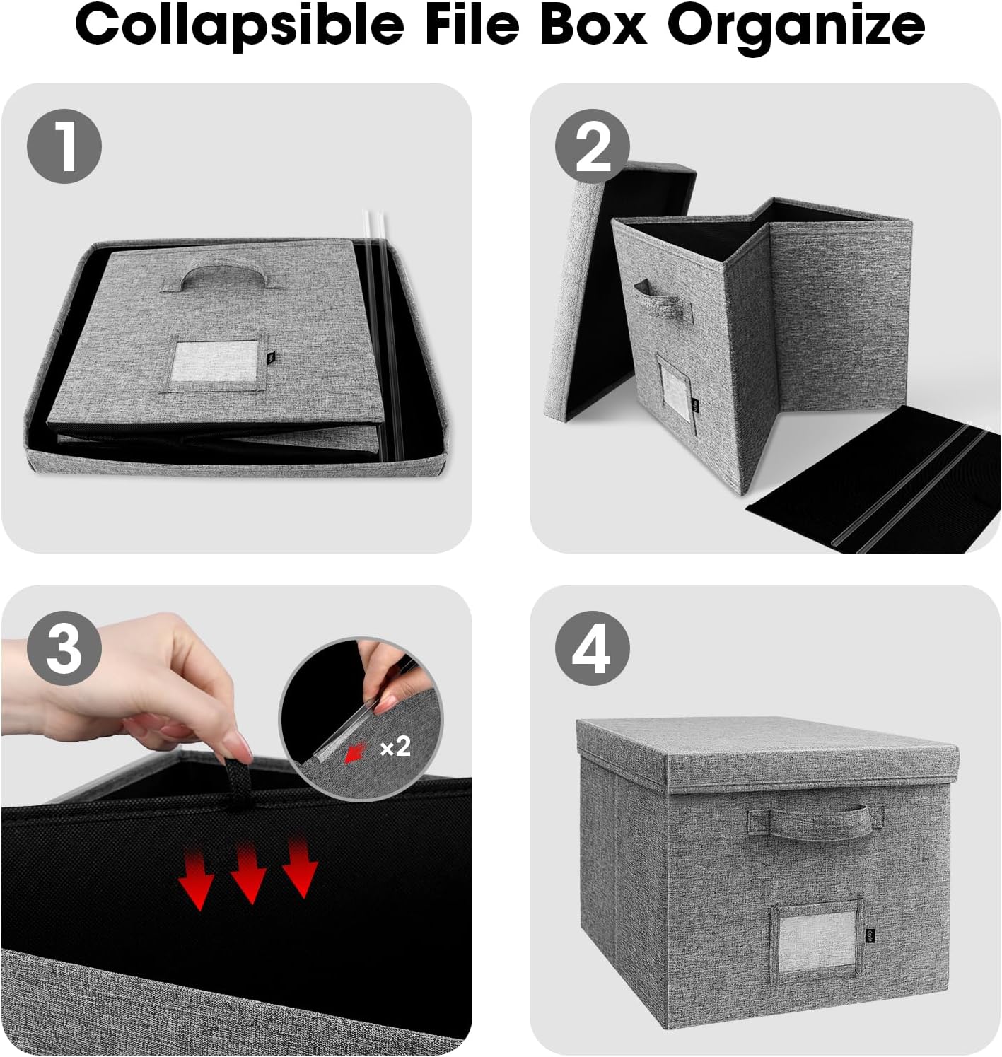 File Organizer Box with Lid, Linen Hanging File Storage Box with Handle, Collapsible Document Filling Box for Letter/Legal Folder, Portable File Box for Office/Decor/Home (1 Pack, Gery)